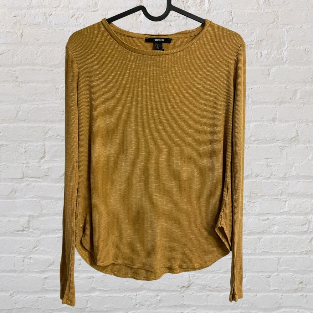 Forever 21 Honey / Mustard Yellow Ribbed Lightweight Long Sleeve Shirt, Small - Picture 2 of 9